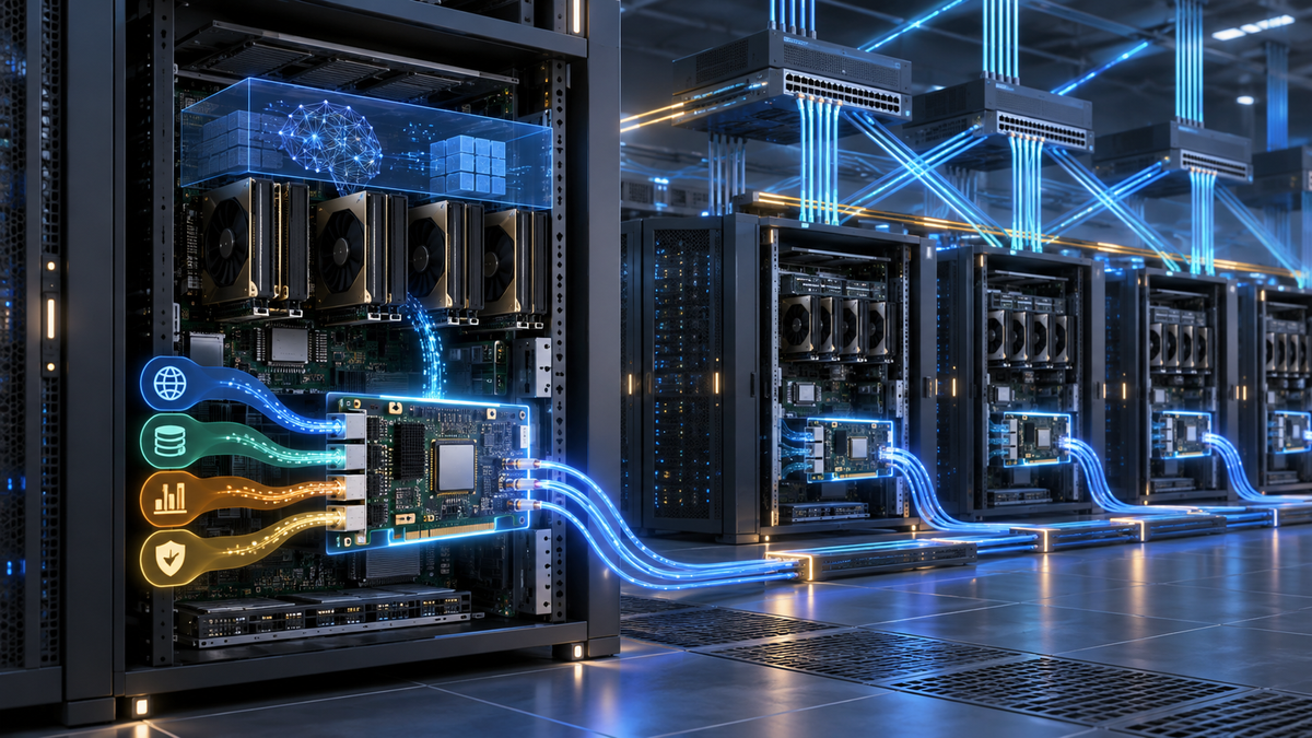 Conceptual DPU architecture inside an AI GPU server cluster