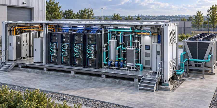 Conceptual integrated liquid-cooled container data center with GPU racks and cooling loop